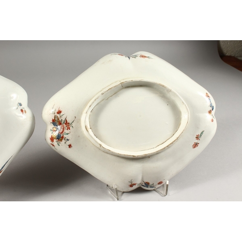 264 - A PAIR OF BOW KAKIEMON LOZENGE SHAPED DISHES. 12ins long x 9.5ins wide.