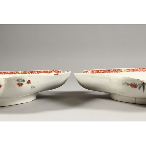 264 - A PAIR OF BOW KAKIEMON LOZENGE SHAPED DISHES. 12ins long x 9.5ins wide.