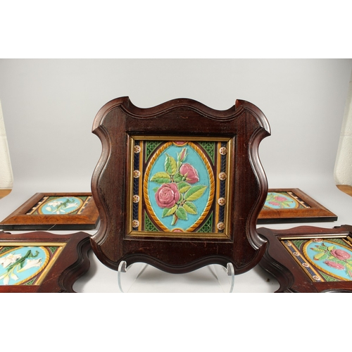 265 - SIX MINTON MAJOLICA SQUARE TILES. 7ins x 7ins, four in one type of frame, the other two different. ... 