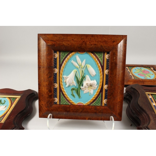 265 - SIX MINTON MAJOLICA SQUARE TILES. 7ins x 7ins, four in one type of frame, the other two different. ... 