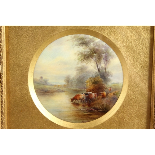 266 - A GOOD JAMES STINTON ROYAL WORCESTER CIRCULAR PLAQUE Cattle Beside the River. Signed. 4.5ins diamete... 