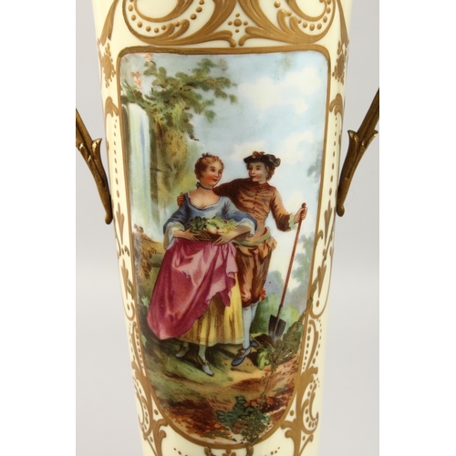 270 - A VERY GOOD PAIR OF FRENCH PORCELAIN TWO-HANDLED VASES AND COVERS, cream ground painted with scenes ... 