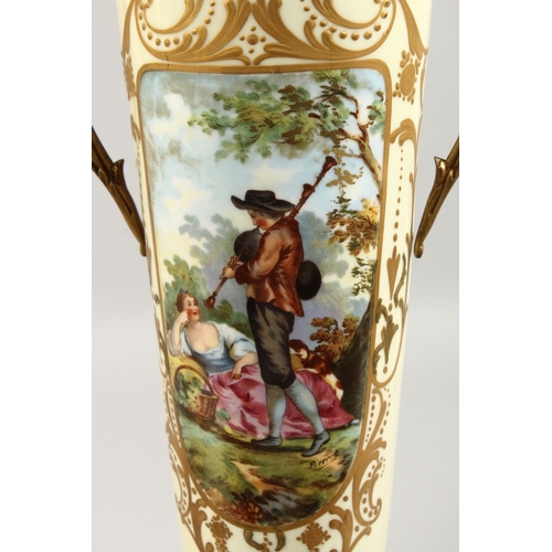 270 - A VERY GOOD PAIR OF FRENCH PORCELAIN TWO-HANDLED VASES AND COVERS, cream ground painted with scenes ... 