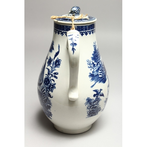 272 - A CAUGHLEY BLUE AND WHITE WILLOW PATTERN COFFEE POT AND COVER, (fisherman pattern). 9ins high.