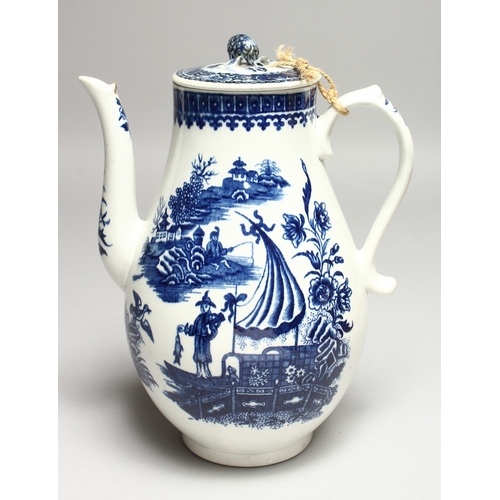 272 - A CAUGHLEY BLUE AND WHITE WILLOW PATTERN COFFEE POT AND COVER, (fisherman pattern). 9ins high.