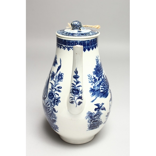 272 - A CAUGHLEY BLUE AND WHITE WILLOW PATTERN COFFEE POT AND COVER, (fisherman pattern). 9ins high.