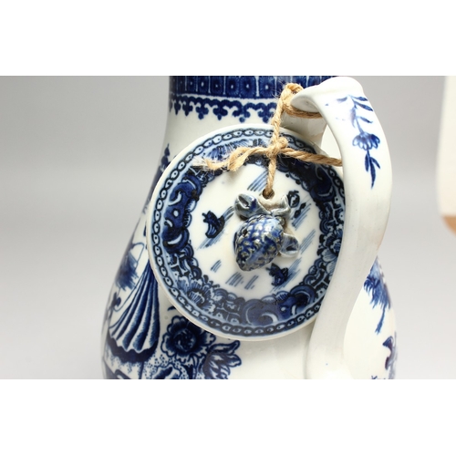 272 - A CAUGHLEY BLUE AND WHITE WILLOW PATTERN COFFEE POT AND COVER, (fisherman pattern). 9ins high.