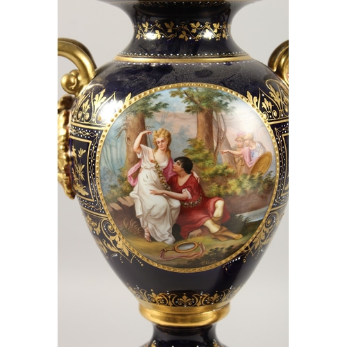 276 - A SUPERB PAIR OF VIENNA VASES, COVERS AND STANDS, the rich blue ground edged in gilt and painted wit... 