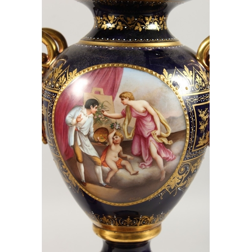 276 - A SUPERB PAIR OF VIENNA VASES, COVERS AND STANDS, the rich blue ground edged in gilt and painted wit... 