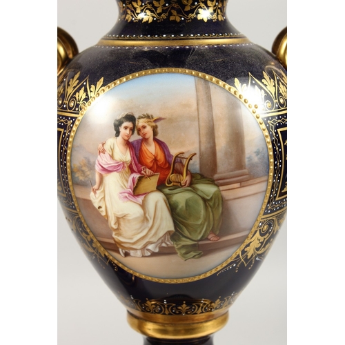 276 - A SUPERB PAIR OF VIENNA VASES, COVERS AND STANDS, the rich blue ground edged in gilt and painted wit... 