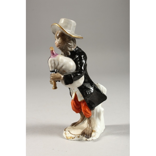 279 - A GOOD 19TH CENTURY FURSTENBERG PORCELAIN MONKEY FIGURE playing a bagpipe. F mark in blue.  6ins hig... 