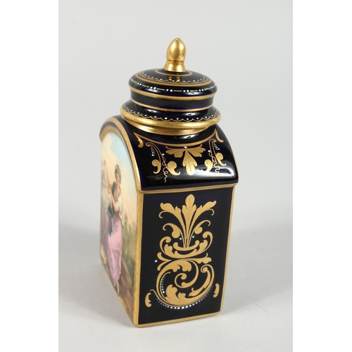 292 - A GOOD VIENNA TEA CADDY AND COVER, BLUE AND GILT GROUND, painted with reverse panels of classical la... 