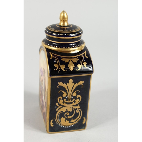 292 - A GOOD VIENNA TEA CADDY AND COVER, BLUE AND GILT GROUND, painted with reverse panels of classical la... 