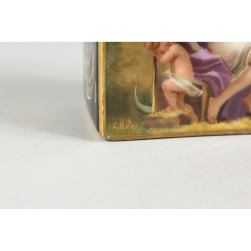 292 - A GOOD VIENNA TEA CADDY AND COVER, BLUE AND GILT GROUND, painted with reverse panels of classical la... 