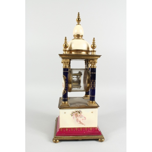 295 - A SUPERB  VIENNA PORCELAIN  AND GILT METAL PILLAR CLOCK  painted with cupids with blue and gilt grou... 