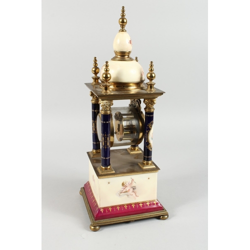 295 - A SUPERB  VIENNA PORCELAIN  AND GILT METAL PILLAR CLOCK  painted with cupids with blue and gilt grou... 