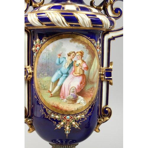 307 - A SUPERB LARGE PAIR OF SEVRES TWO HANDLED VASES AND COVERS, rich blue and white ground edged in gilt... 