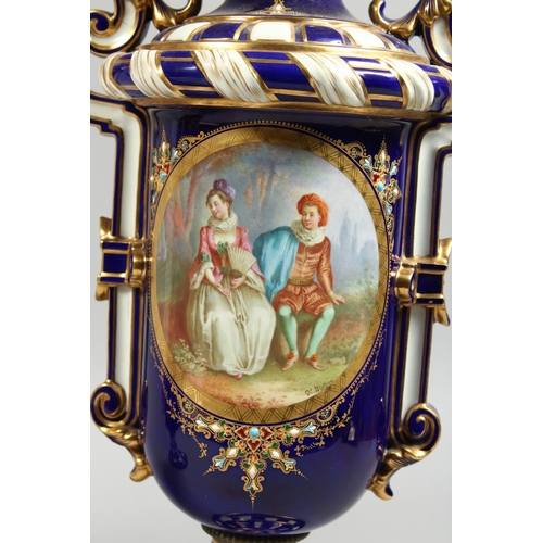 307 - A SUPERB LARGE PAIR OF SEVRES TWO HANDLED VASES AND COVERS, rich blue and white ground edged in gilt... 