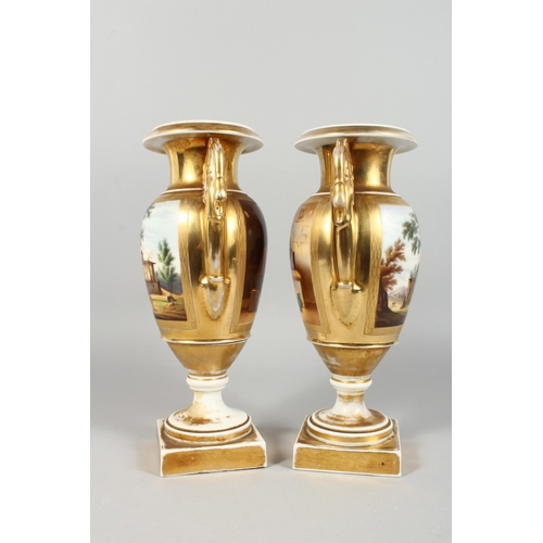 309 - A GOOD PAIR OF EMPIRE TWO HANDLED PORCELAIN VASES with swan handles, reverse painted panels, the Car... 