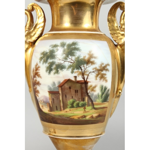 309 - A GOOD PAIR OF EMPIRE TWO HANDLED PORCELAIN VASES with swan handles, reverse painted panels, the Car... 