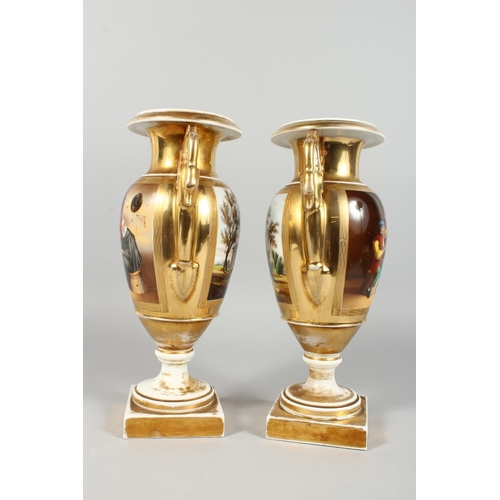 309 - A GOOD PAIR OF EMPIRE TWO HANDLED PORCELAIN VASES with swan handles, reverse painted panels, the Car... 