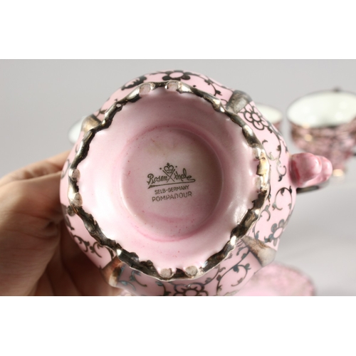 315 - A ROSENTHAL SILVER OVERLAID PINK PORCELAIN TEA SET comprising ten cups and saucers, sugar basin and ... 