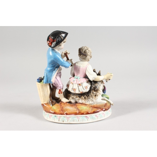 321 - A 19TH CENTURY MEISSEN STYLE PORCELAIN GROUP OF A BOY AND GIRL holding grapes, with a goat. 6 ins hi... 