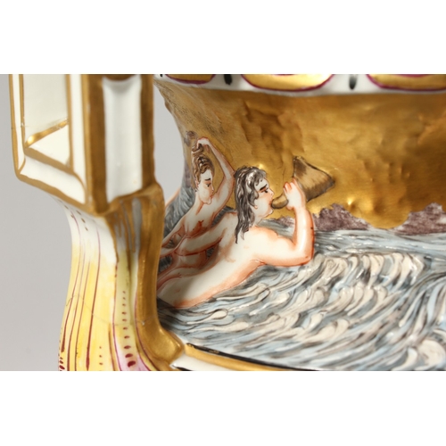 324 - A SUPERB LARGE CAPODIMONTE TWO HANDLED URN SHAPE VASE AND COVER with gilt ground, with classical fig... 