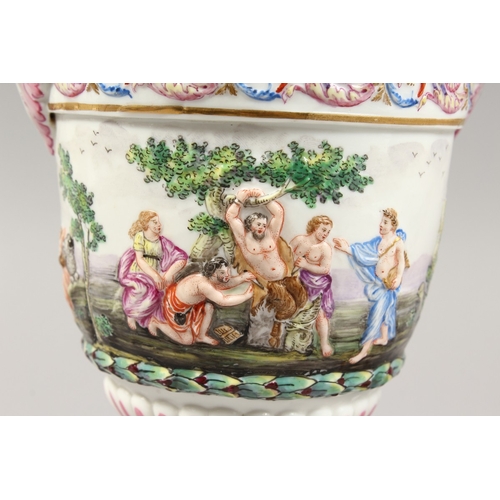 325 - A GOOD PAIR OF CAPODIMONTE URN SHAPED, TWO HANDLED VASES AND COVERS  with classical figures in relie... 