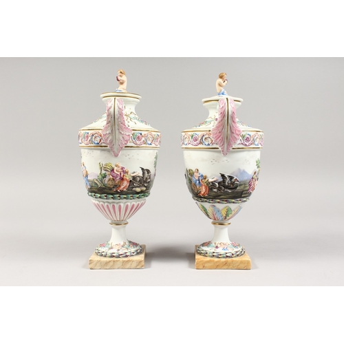 325 - A GOOD PAIR OF CAPODIMONTE URN SHAPED, TWO HANDLED VASES AND COVERS  with classical figures in relie... 