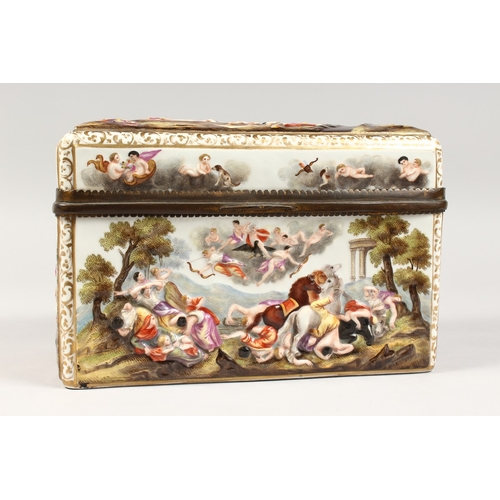 326 - A SUPERB LARGE CAPODIMONTE RECTANGULAR CASKET  with classical scenes in relief 9 ins long,  6 ins hi... 