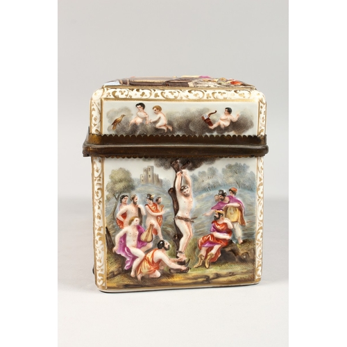 326 - A SUPERB LARGE CAPODIMONTE RECTANGULAR CASKET  with classical scenes in relief 9 ins long,  6 ins hi... 