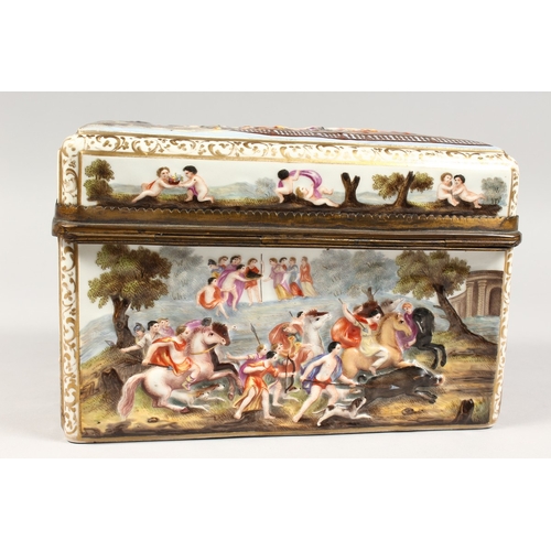 326 - A SUPERB LARGE CAPODIMONTE RECTANGULAR CASKET  with classical scenes in relief 9 ins long,  6 ins hi... 