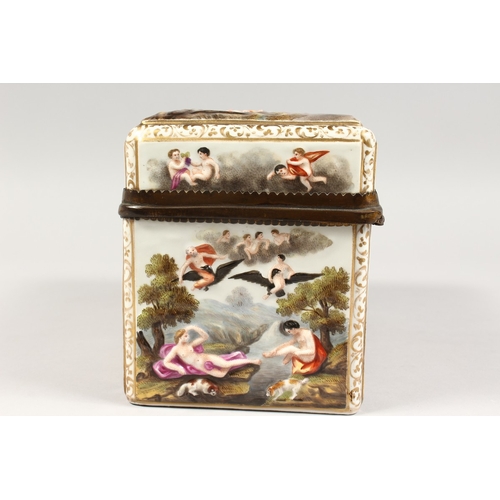 326 - A SUPERB LARGE CAPODIMONTE RECTANGULAR CASKET  with classical scenes in relief 9 ins long,  6 ins hi... 