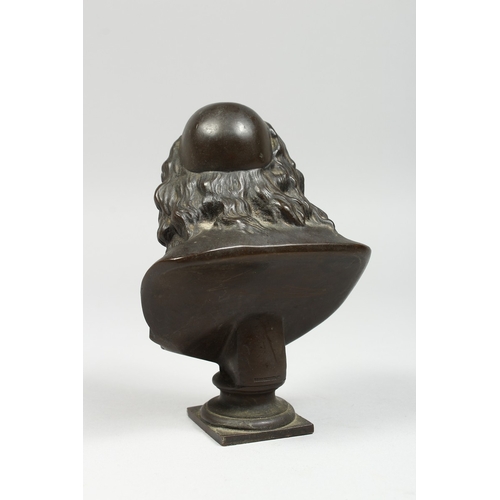 344 - AFTER THE ANTIQUE, A SMALL BRONZE BUST on a pedestal, 5 ins high.