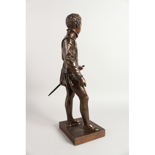 352 - AFTER BARON BOSIO. A FINE BRONZE OF A FRENCH MAN carrying a sword. 19ins high.