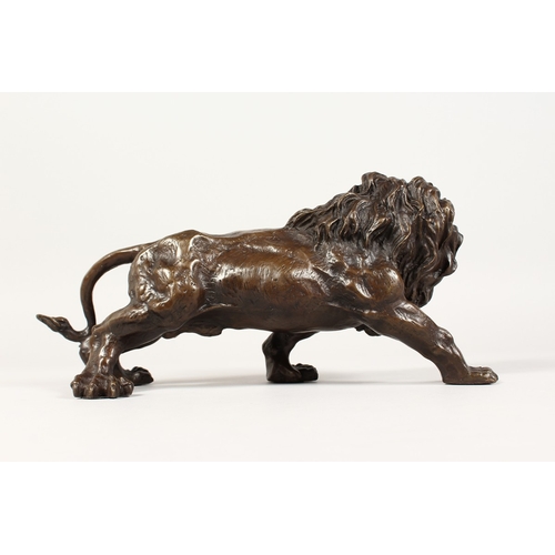 358 - A BRONZE SNARLING LION 12 ins long.