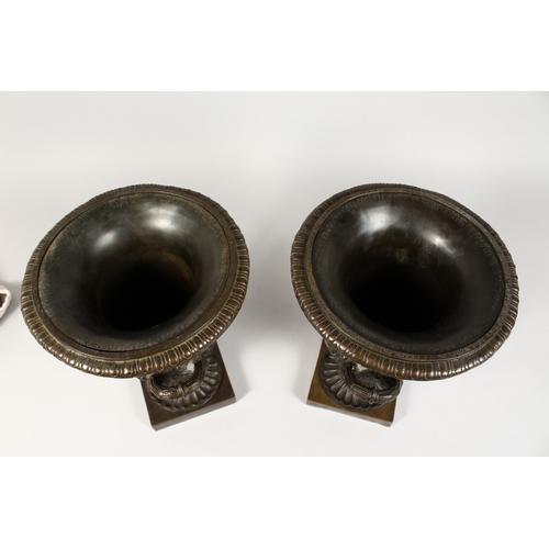 361 - A GOOD PAIR OF CLASSICAL TWO HANDLED BRONZE URNS  on square bases 12 ins high.