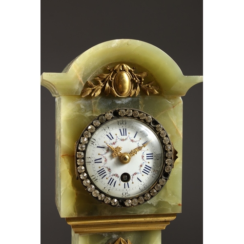 376 - A SUPERB LOUIS XVI ONYX CASED MINIATURE LONGCASE CLOCK, with ormolu mounts, urns, etc., the movement... 