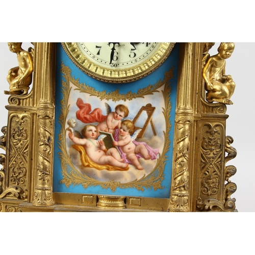 378 - A GOOD LOUIS XVI GILT METAL AND SEVRES MANTLE CLOCK with Serves panels, cupids and flowers, the case... 