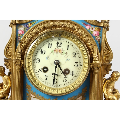 378 - A GOOD LOUIS XVI GILT METAL AND SEVRES MANTLE CLOCK with Serves panels, cupids and flowers, the case... 