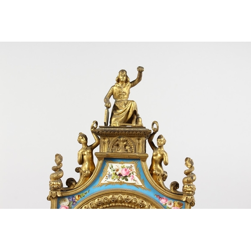 378 - A GOOD LOUIS XVI GILT METAL AND SEVRES MANTLE CLOCK with Serves panels, cupids and flowers, the case... 