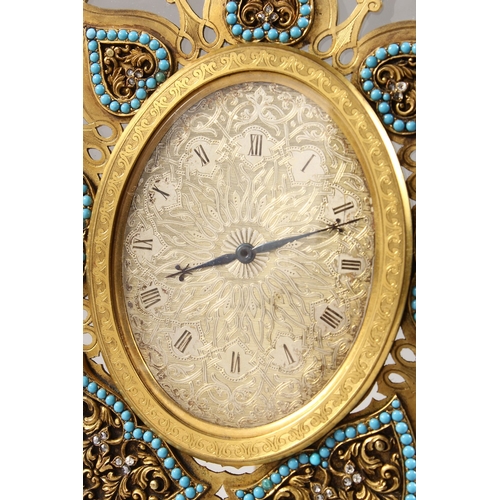 379 - A SUPERB STRUTT CLOCK, on a shaped crystal frame, the oval dial with fine engraving, surrounded by s... 