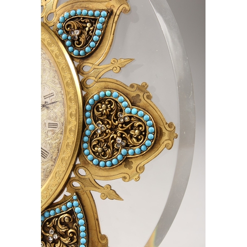 379 - A SUPERB STRUTT CLOCK, on a shaped crystal frame, the oval dial with fine engraving, surrounded by s... 