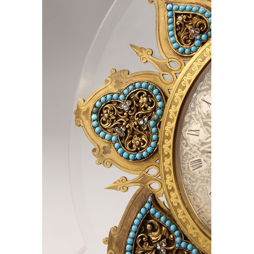 379 - A SUPERB STRUTT CLOCK, on a shaped crystal frame, the oval dial with fine engraving, surrounded by s... 