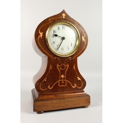 380 - A GOOD EDWARDIAN MAHOGANY BRASS-INLAID BALLOON SHAPED CLOCK. 12ins high.