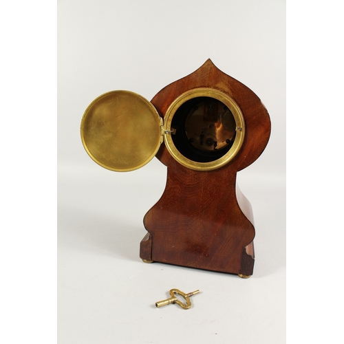 380 - A GOOD EDWARDIAN MAHOGANY BRASS-INLAID BALLOON SHAPED CLOCK. 12ins high.