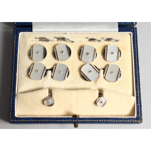 755 - A BOXED SET OF 9ct WHITE GOLD & MOTHER OF PEARL DIAMOND SET CUFF LINKS AND STUDS