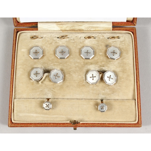 768 - A SET OF  PLATINUM AND MOTHER OF PEARL STUDS AND CUFF LINKS Goldsmith & Silversmith Co. Provenance: ... 