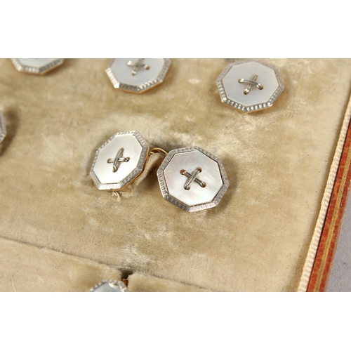 768 - A SET OF  PLATINUM AND MOTHER OF PEARL STUDS AND CUFF LINKS Goldsmith & Silversmith Co. Provenance: ... 